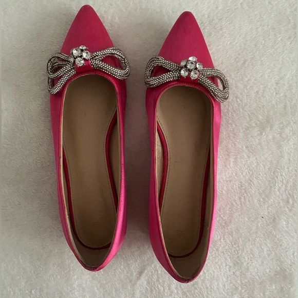 Pink pointed toe ballet flat slip on micro heel shoes rhinestone bow detail - Picture 2 of 13